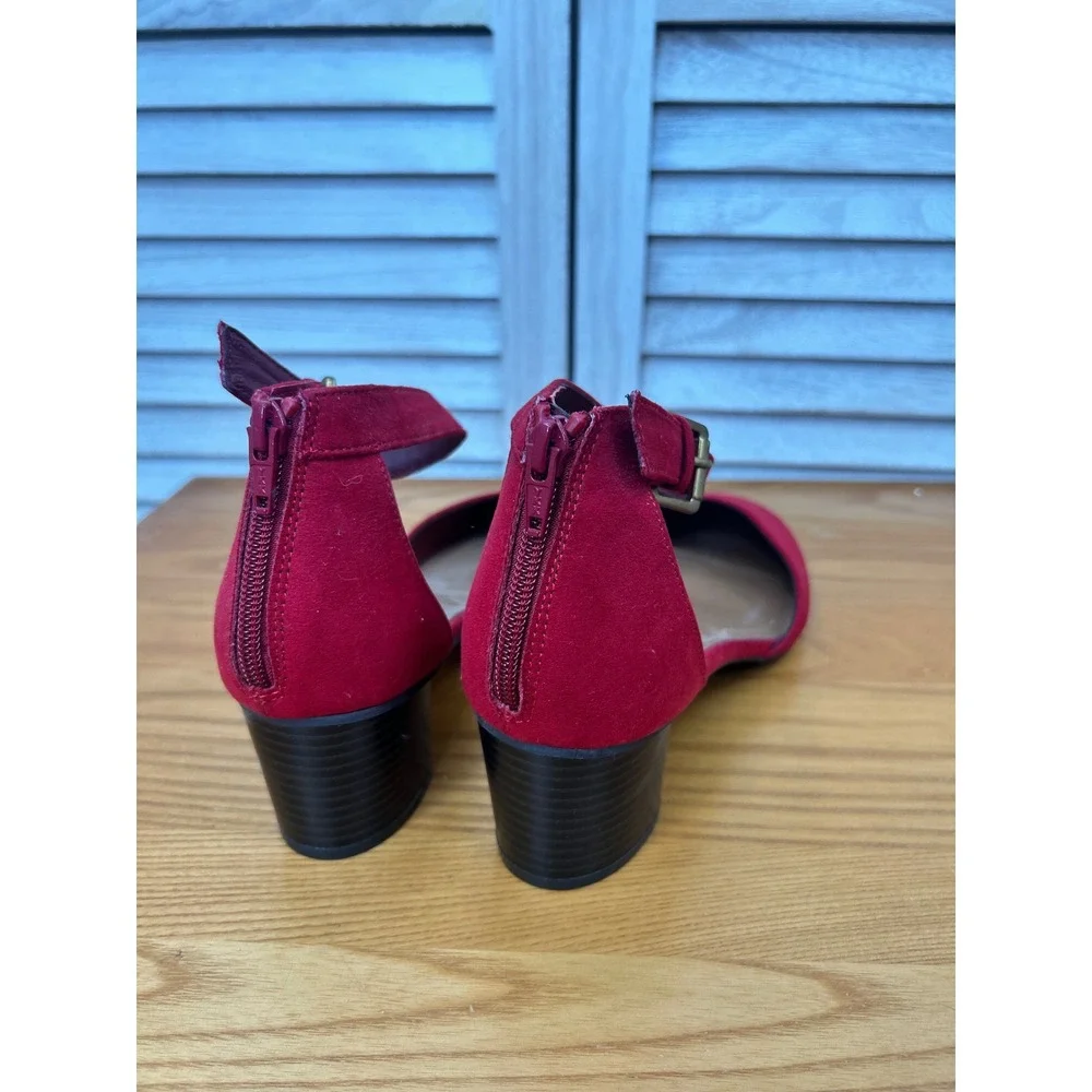 Style & Co Ankle Strap Heels 10 Red Women Faux Suede Block Heel